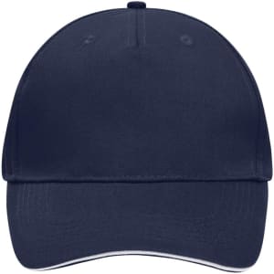 A navy blue 5 panel sandwich cap with a curved peak and a logo on the front.