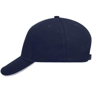 A navy 5 Panel Sandwich Cap featuring a curved brim and a rear strap, with a logo on the side.