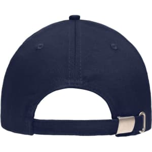 A navy blue 5-panel sandwich cap with an adjustable strap and a logo on the back.