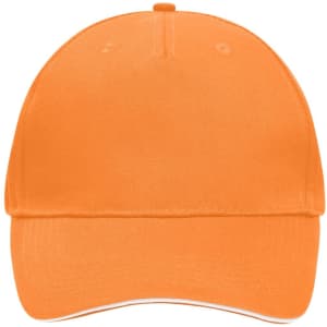 An orange 5 panel sandwich cap with a seamless design and a logo on the front.