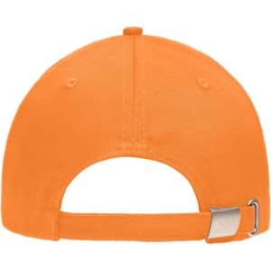 An orange 5 Panel Sandwich Cap with a rear adjustable strap and metal clasp. Features a logo on the side.