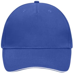 A blue 5-panel sandwich cap with a front peak and an internal logo.