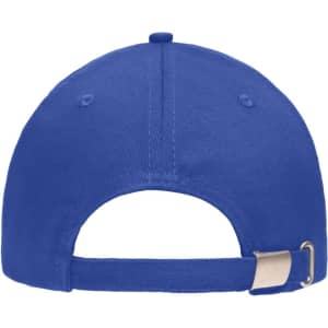 A blue 5 Panel Sandwich Cap featuring an adjustable strap and a logo on the back.