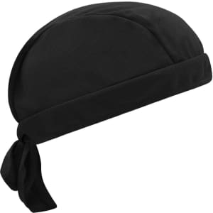 A black bandana hat featuring a tied back design and a smooth texture, with a logo displayed.