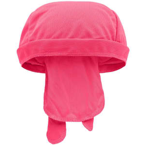A pink Functional Bandana Hat with a breathable design and extended back for added coverage. It features a logo.