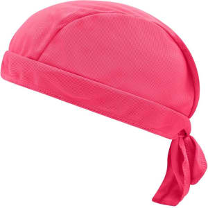 A pink Functional Bandana Hat made from breathable fabric, featuring a tied back design. It includes a branding logo.