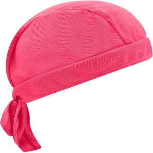 A pink Functional Bandana Hat featuring a stylish tie at the back and a logo on the side.