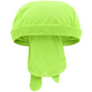 A functional bandana hat in bright green with a mesh design and ties at the back. It features a logo.