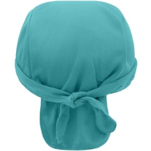 A turquoise bandana hat with a tied back. The fabric has a textured appearance and includes a logo.