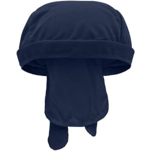 A navy Functional Bandana Hat with a mesh design and ties at the back. Includes a logo.