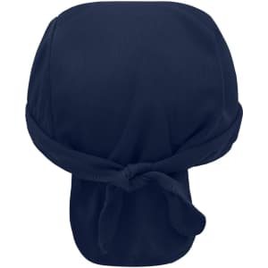 A navy blue bandana hat with a tied back, featuring a smooth fabric and a simple design.