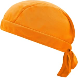 An orange Functional Bandana Hat with a tied-back design and a textured fabric, featuring a logo.