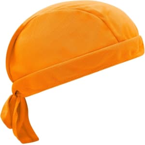 An orange Functional Bandana Hat, featuring a tied bandana design and a textured fabric.