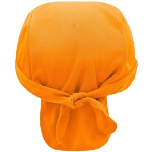 An orange bandana hat with a tied back design, featuring a logo. Perfect for outdoor activities.