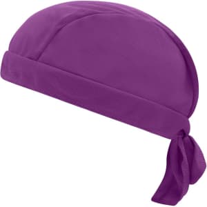 A purple Functional Bandana Hat with a tied back design, made from lightweight material. Features a logo.