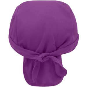 A purple bandana hat with a tied back design, made from breathable fabric and featuring a logo.