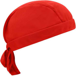 A red Functional Bandana Hat with a tied tail and a smooth finish, featuring a logo. Ideal for headwear use.