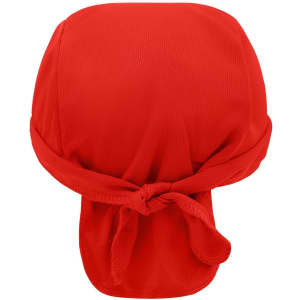 A red bandana hat with a tied back design, featuring a logo on the front.
