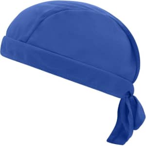 A blue bandana hat featuring a tied back design and an included logo. Ideal for headwear purposes.