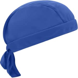 A blue functional bandana hat with a tied back design and a soft, textured fabric. Features a logo.