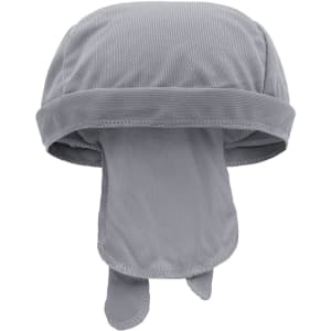 A grey Functional Bandana Hat with a mesh design and extended back flaps for protection. Features a logo.