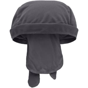 A grey Functional Bandana Hat featuring a breathable fabric and extended tie-down straps. It has a logo on it.
