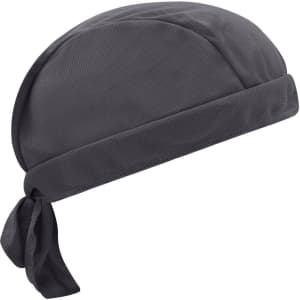 A grey bandana hat with a tied back design and a textured surface. Features a branding logo.