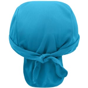 A turquoise bandana hat with a tied back and breathable fabric. It features a logo on the side.
