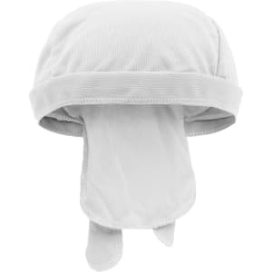 A white Functional Bandana Hat featuring a breathable mesh fabric and a long tail at the back. Includes a logo.