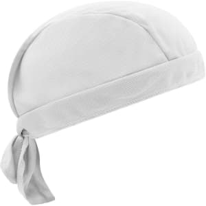 A white bandana hat with a tied back design and a textured fabric. It features a logo on the side.
