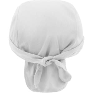 A white bandana hat featuring a tied back design and an integrated headband, made from breathable fabric.
