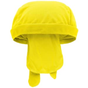 A yellow Functional Bandana Hat featuring a breathable design and ties at the back, with a logo present.