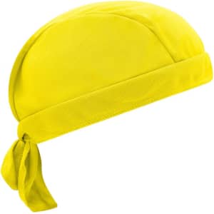 A bright yellow bandana hat featuring a tied back design and a textured surface. It has a logo on it.