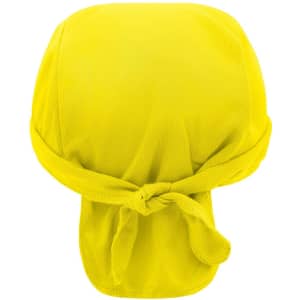 A bright yellow bandana hat with a tied back and a textured fabric. It features a logo on the side.