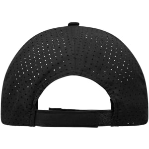 A black cap with laser-cut perforations and an adjustable strap at the back. It features a logo.