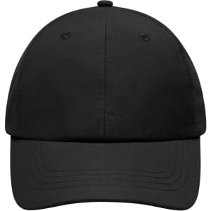 A black cap featuring a curved brim and eyelets, with a logo visible on the front.