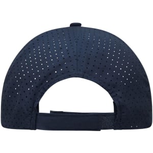 A navy blue cap featuring laser cut detailing and a strap closure at the back. It includes a logo.