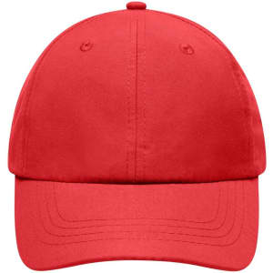 A red cap featuring a logo, designed with a structured crown and curved brim.