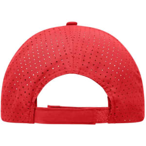 A red laser cut cap featuring breathable perforations and an adjustable back strap. It includes a logo.