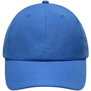 A blue cap with a classic design and a logo on the front, featuring stitching along the brim and crown.