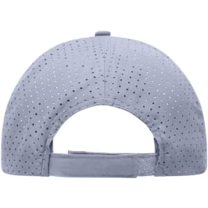 A grey laser cut cap featuring ventilation holes and an adjustable strap at the back. It has a logo on it.