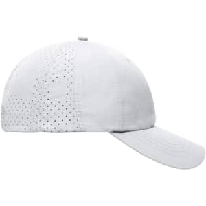 A grey cap with a perforated design and a curved brim, featuring a logo on the front.