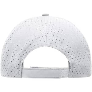 A grey laser cut cap featuring perforations and an adjustable strap at the back. It has a logo on the side.