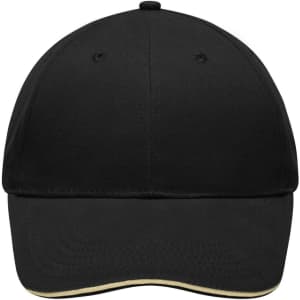 A black cap with a curved peak and light-coloured trim, featuring a logo on the front.