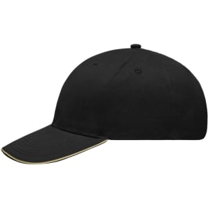 A black cap with a curved brim and contrasting trim, featuring a logo on the front.