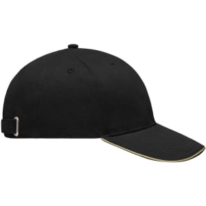 A black cap with a curved brim, featuring a light brushed finish and an adjustable strap at the back.
