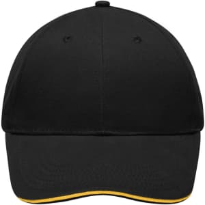 A black cap with a yellow underbrim and a logo on the front. Suitable for casual wear.