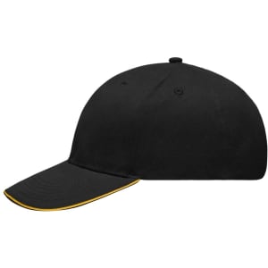 A black cap featuring a yellow trim along the visor, with a logo on the front.
