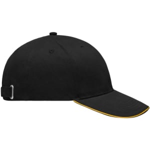A black cap with a yellow underside on the brim and an adjustable strap at the back, featuring a logo.