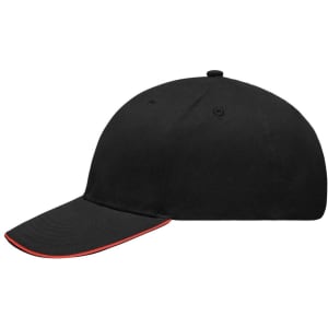 A black cap featuring a red accent on the brim and a branded logo.